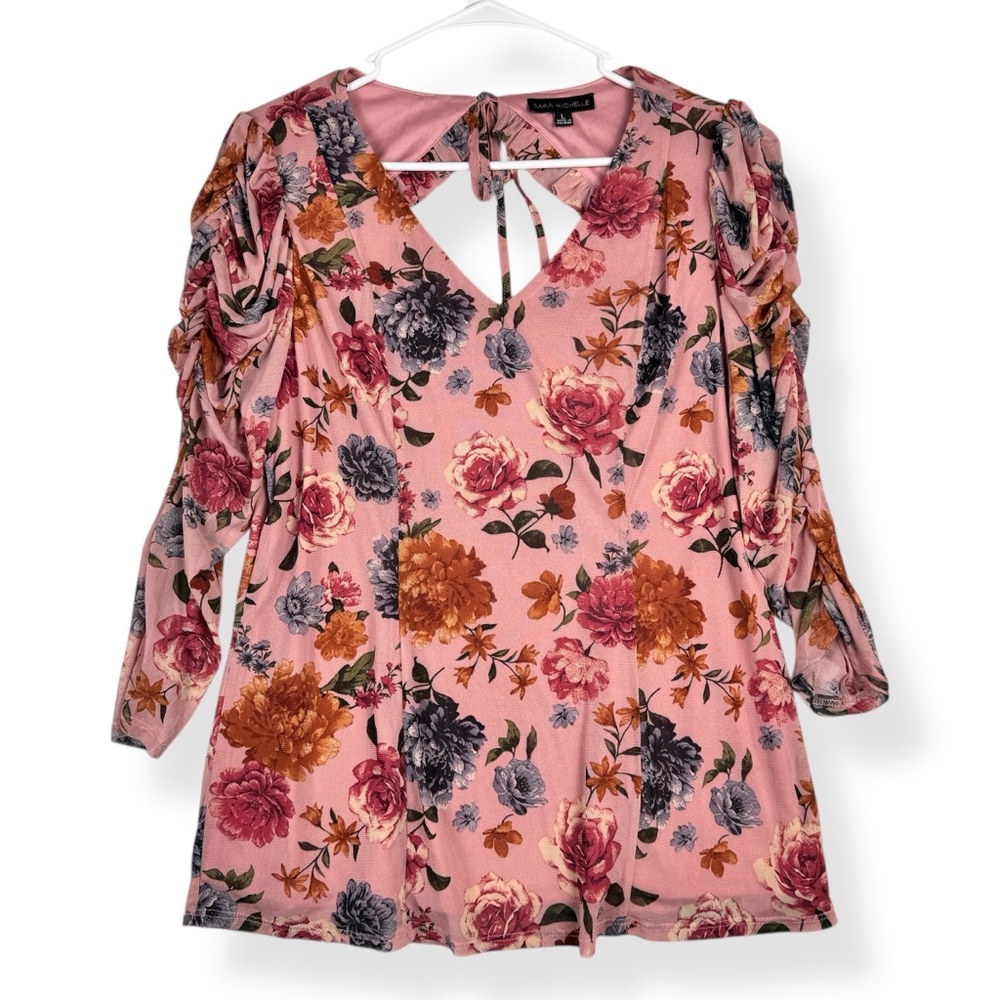 Sara Michelle Top Womens Size L Large Pink Floral Mesh Sleeves Boho Chic